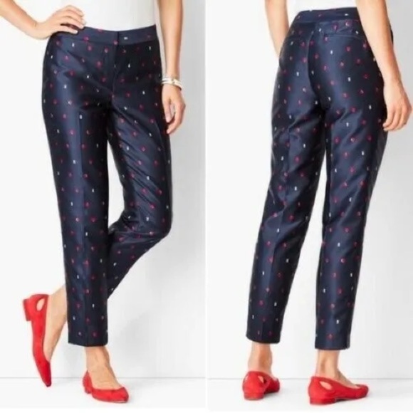 Talbots Women 14 Navy Blue Apple Print Jacquard Preppy Teacher Slim Ankle Pants - Picture 1 of 9